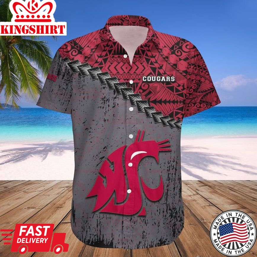 Ncaa Washington State Cougars Red Grey Grunge Polynesian Tatto Trendy Hawaiian Shirt Aloha Shirt