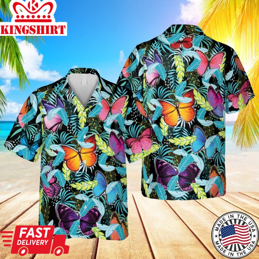 Neon Butterflies Trendy Hawaiian Shirt, 3D Apparel For Women