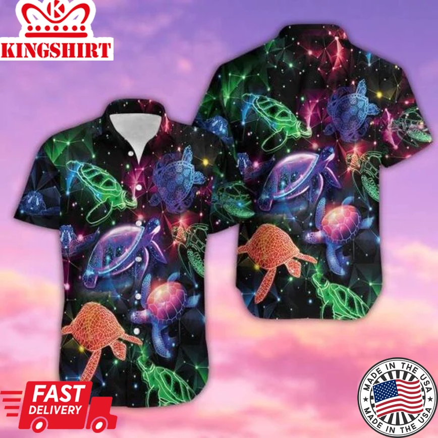 Neon Glowing Turtle Colorful Trendy Hawaiian Shirt, Trendy Hawaiian Shirt For Men