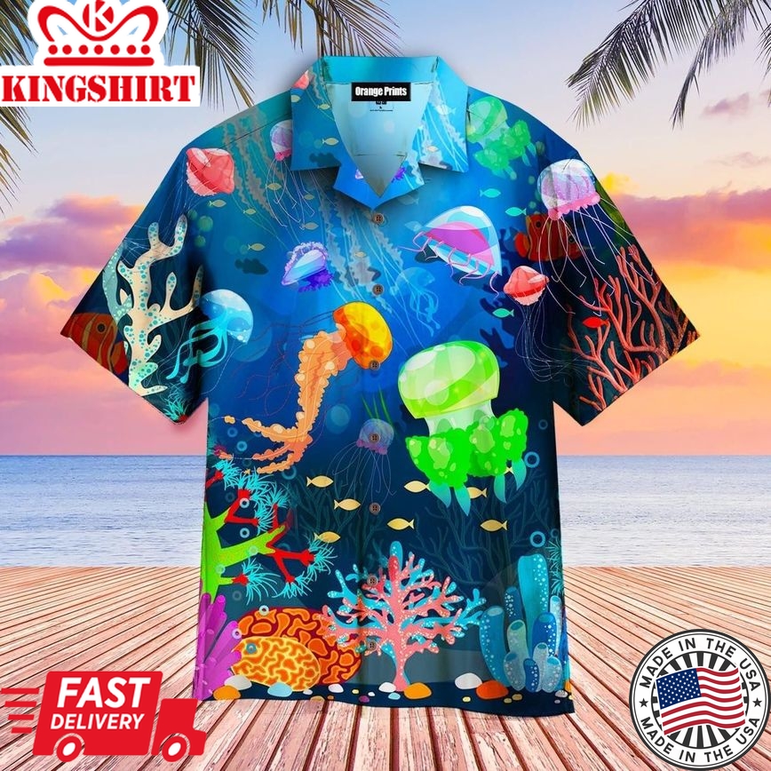 Neon Jellyfish Under The Sea Trendy Hawaiian Shirt For