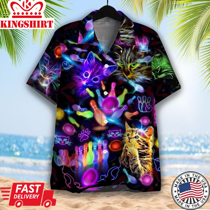 Neon Kitty Play Bowling In The Dark Trendy Hawaiian Shirt