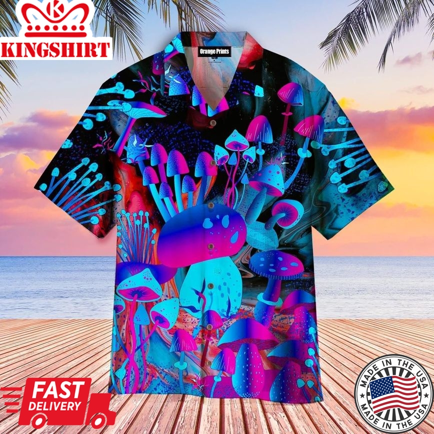 Neon Mushroom In The Forest Trendy Hawaiian Shirt For