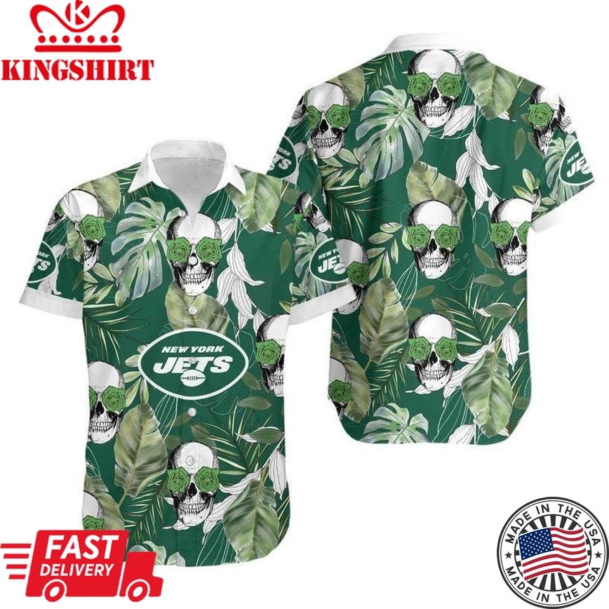 New York Jets Coconut Leaves And Skulls Hawaii Shirt And Shorts Summer Collection Trending Hawaiian Shirts