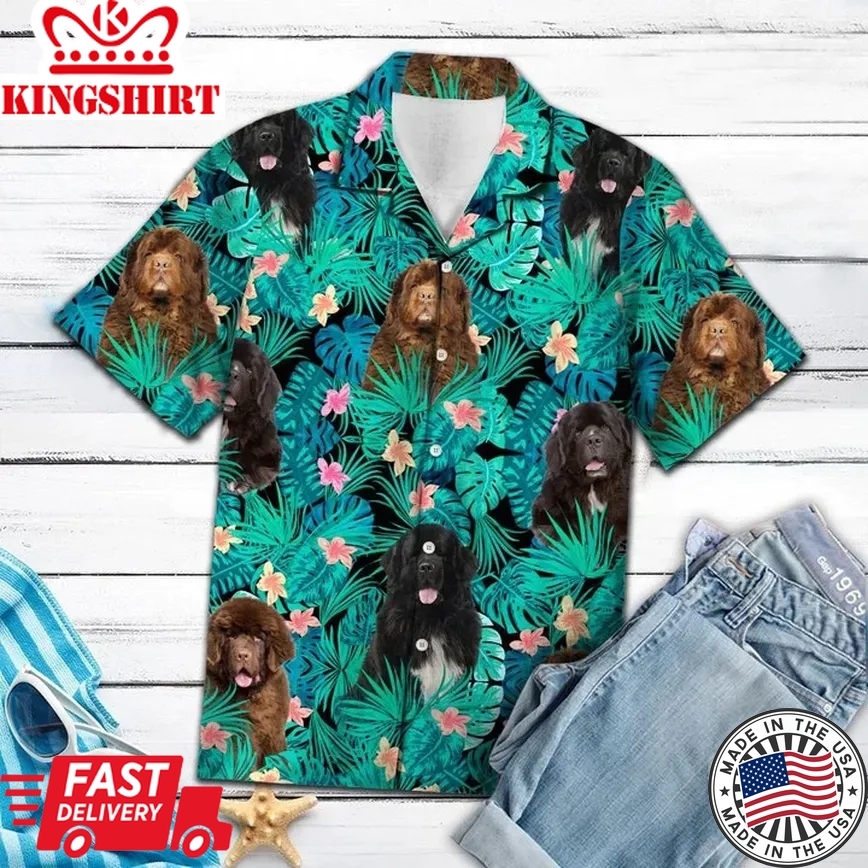 Newfoundland Hawaii Shirt, Lovely Newfoundland Tropical Leaves And Hibiscus Trendy Hawaiian Shirt