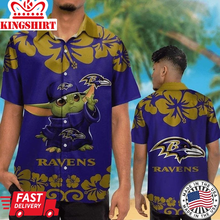 Nfl Baltimore Ravens Baby Yoda Purple Trendy Hawaiian Shirt Aloha Shirt