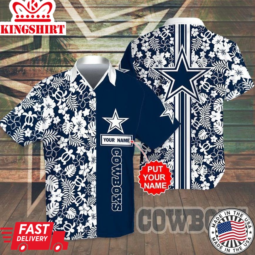 Nfl Dallas Cowboys Custom Name White Flower Blue Trendy Hawaiian Shirt Aloha Shirt