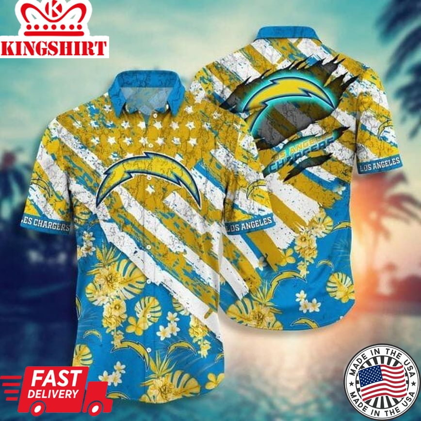 Nfl Los Angeles Chargers Gold Flowers Blue Trendy Hawaiian Shirt V2 Aloha Shirt