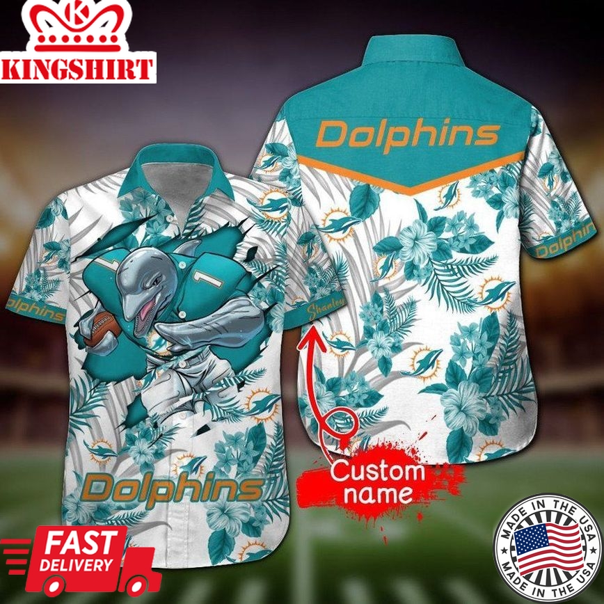 Nfl Miami Dolphins Custom Name Mascot White Trendy Hawaiian Shirt Aloha Shirt