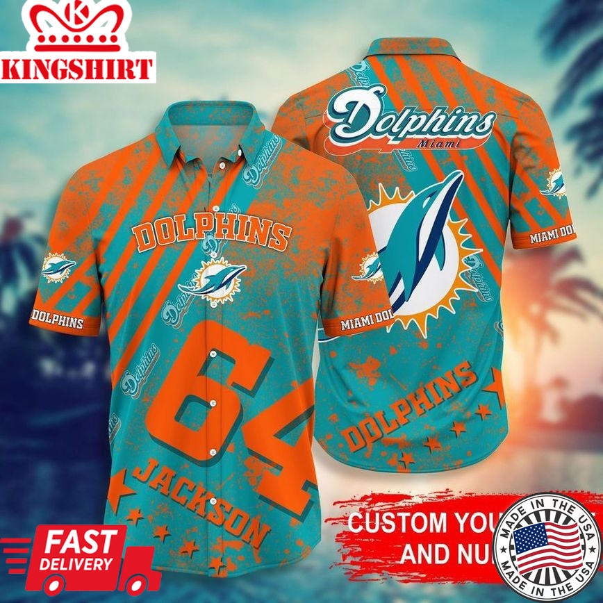 Nfl Miami Dolphins Custom Name Number Aqua Orange Trendy Hawaiian Shirt Aloha Shirt