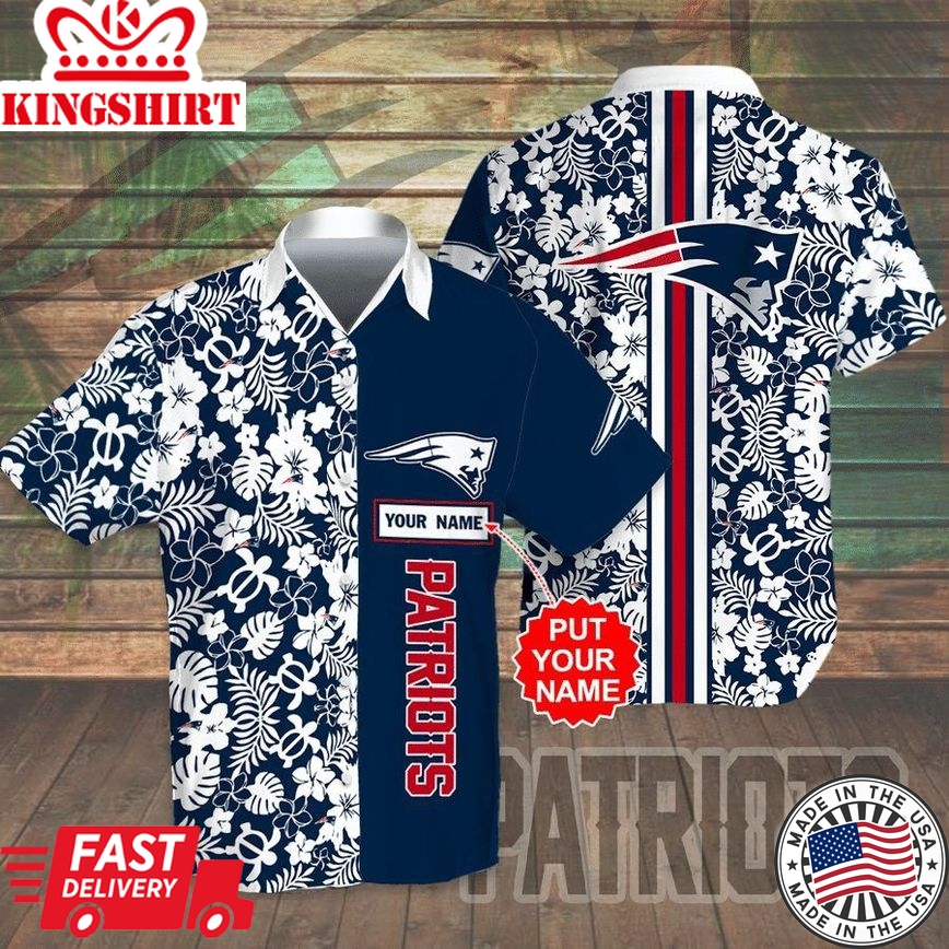 Nfl New England Patriots Custom Name White Flower Navy Trendy Hawaiian Shirt Aloha Shirt