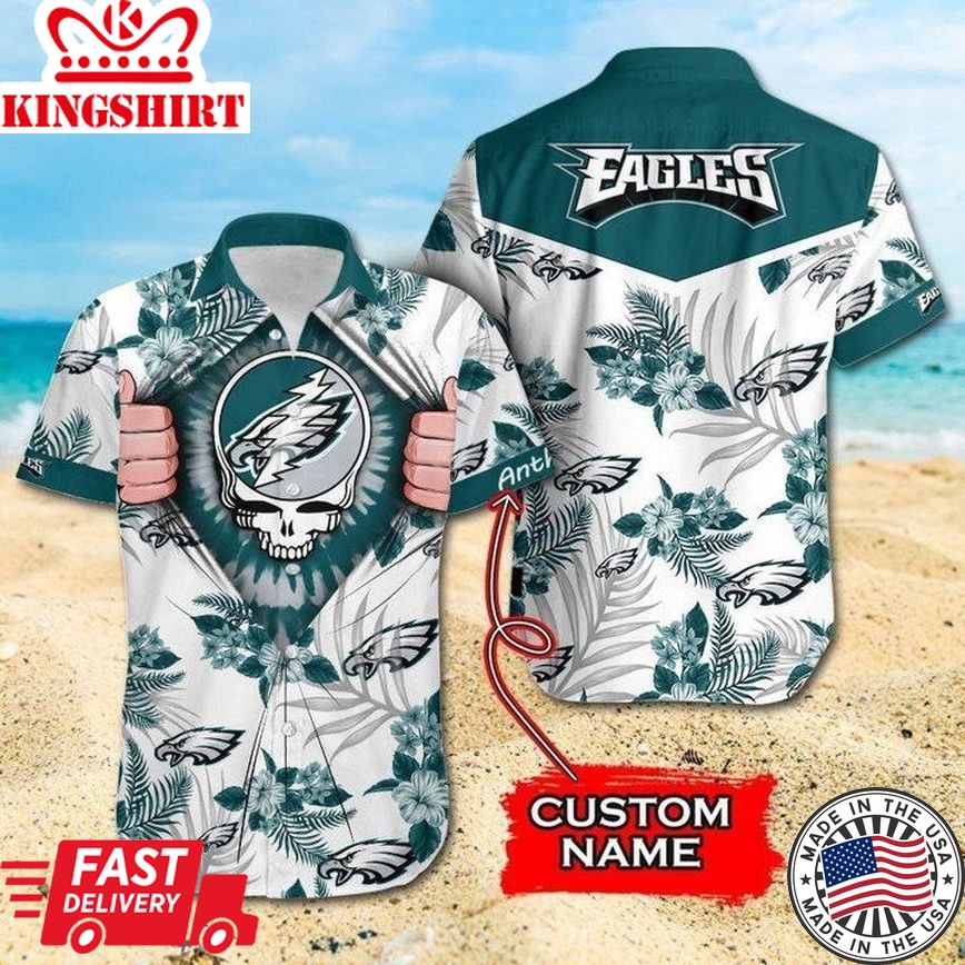 Nfl Philadelphia Eagles Custom Name Flower Skull Trendy Hawaiian Shirt Aloha Shirt