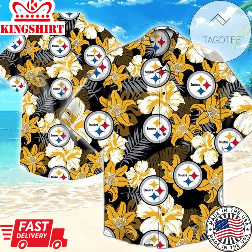 Nfl Pittsburgh Steelers Golden Flower Grey Leaf Trendy Hawaiian Shirt Aloha Shirt