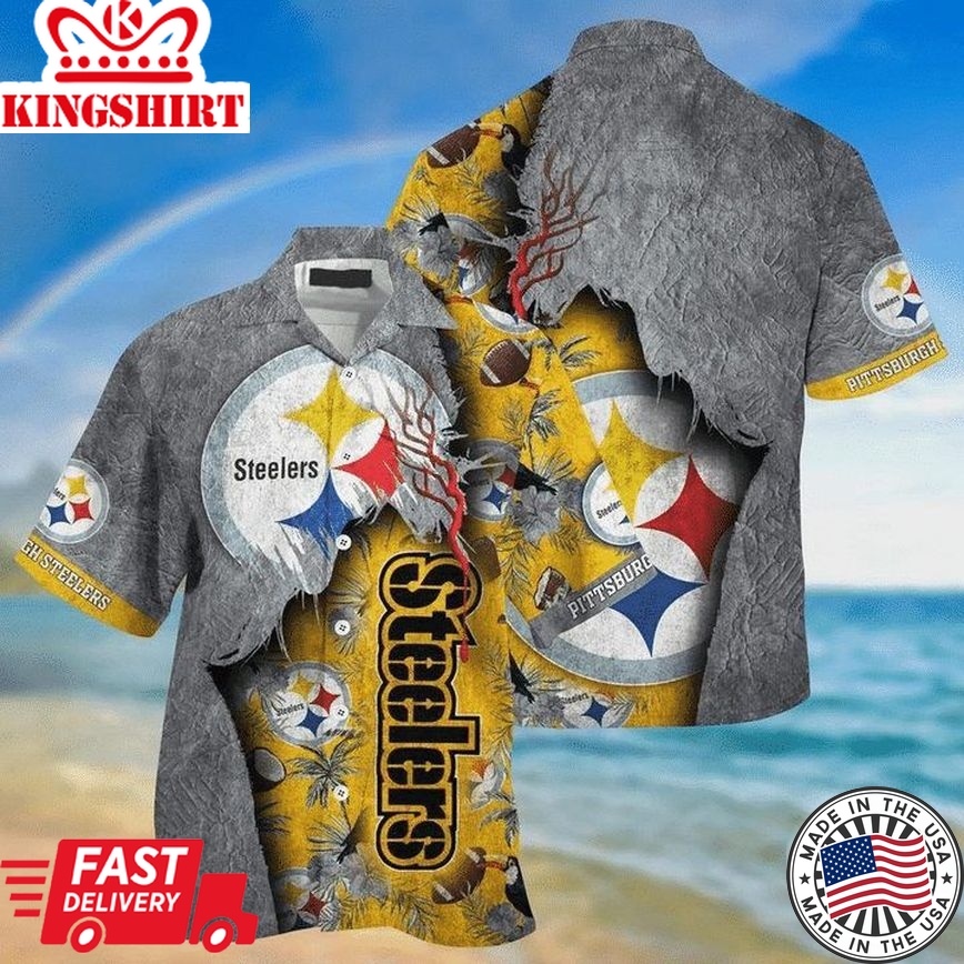 Nfl Pittsburgh Steelers Grey Golden Big Logo Trendy Hawaiian Shirt Aloha Shirt