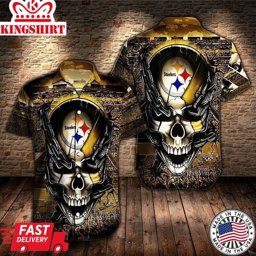 Nfl Pittsburgh Steelers Iron Skull Golden Black Trendy Hawaiian Shirt Aloha Shirt