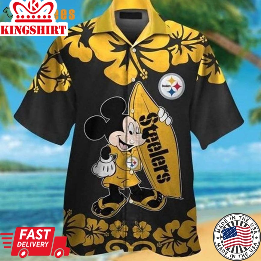 Nfl Pittsburgh Steelers Logo Mickey Holding A Surfboard Steelers Trendy Hawaiian Shirt Perfect Gifts For Your Loved Ones