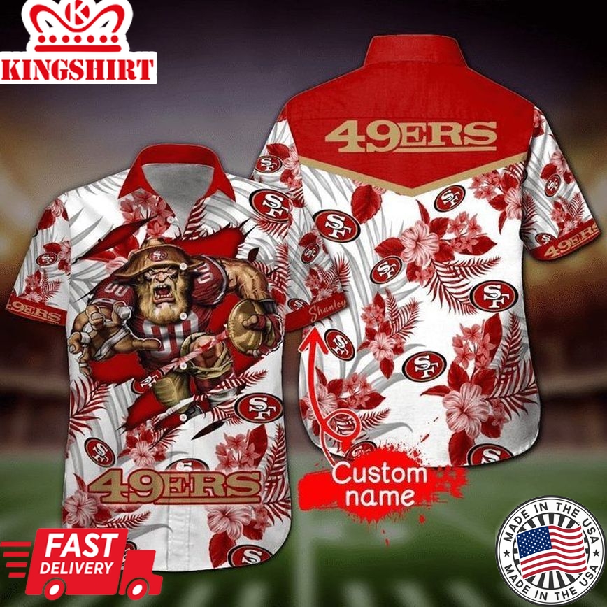 Nfl San Francisco 49Ers Custom Name Red Flower White Fashhion Trendy Hawaiian Shirt Aloha Shirt