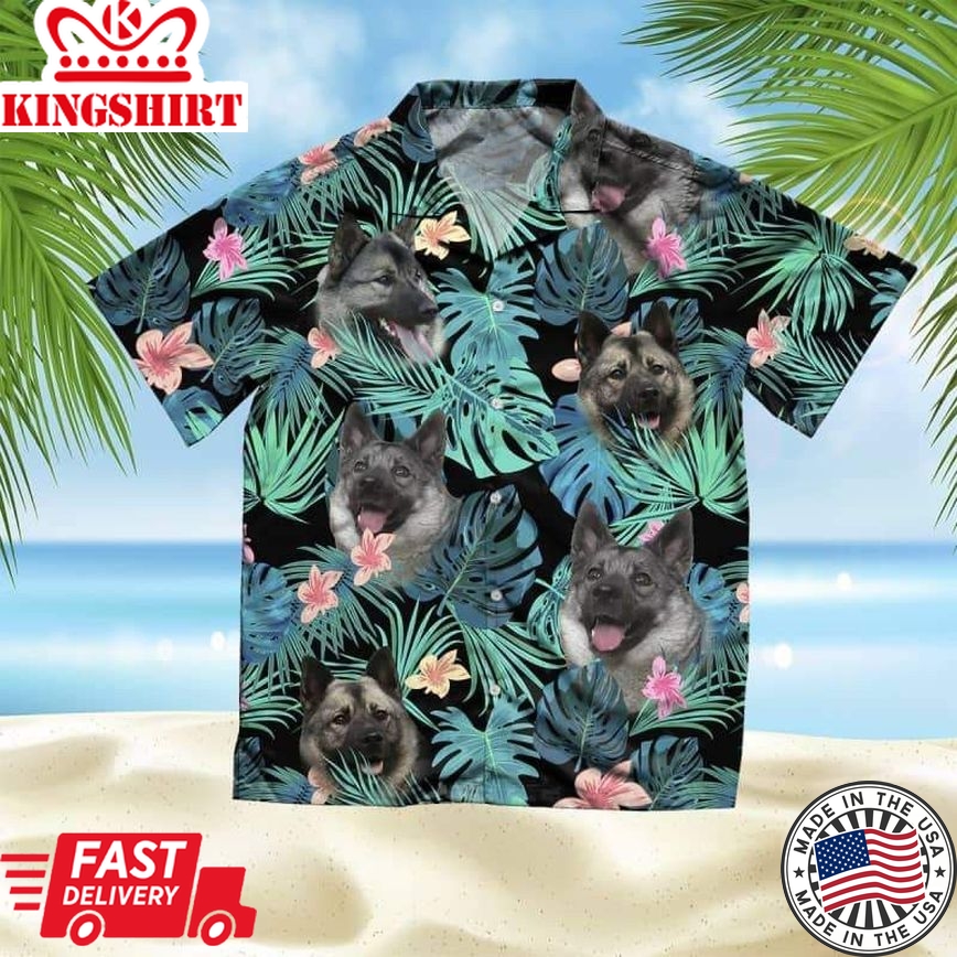 Norwegian Elkhound Trendy Hawaiian Shirt, Dog Summer Leaves Trendy Hawaiian Shirt, Unisex Print Aloha Short Sleeve Casual Shirt Summer Gifts