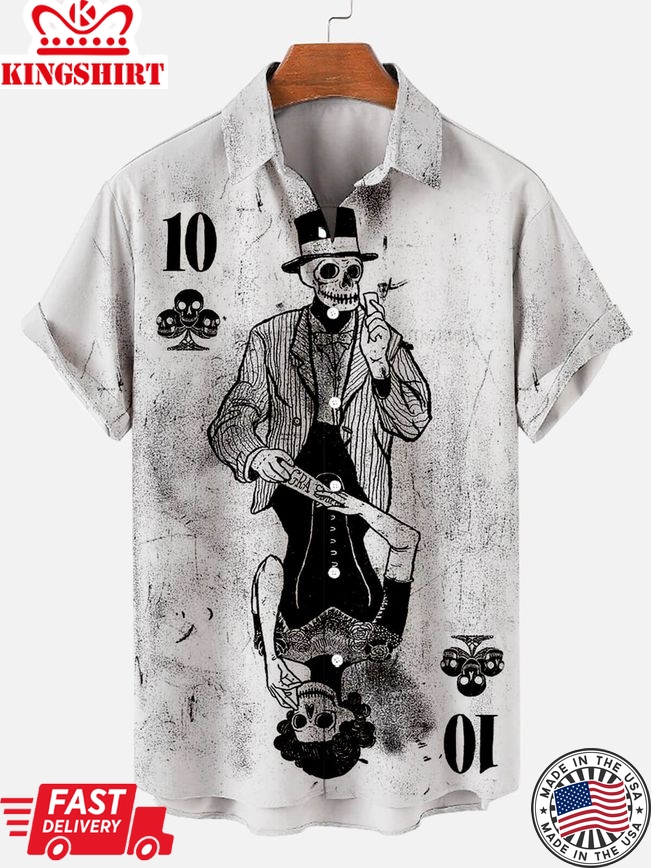 Nostalgic Skull Playing Card Print Men's Short Sleeve Shirt