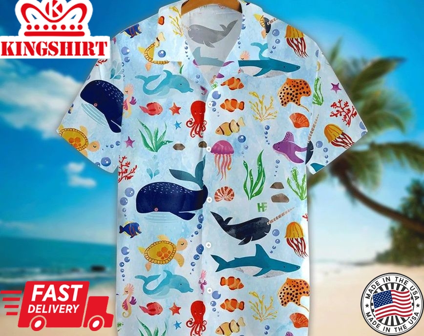 Ocean Fish Pattern Trendy Hawaiian Shirt, Colorful Hawaii Shirt, Tropical Hawaii Shirt, Hawaiian Set Gift, Funny Trendy Hawaiian Shirt, Dad Gift.