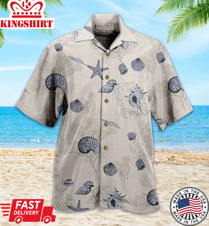 Ocean Seashell Coral Beige Trendy Hawaiian Shirt 3D, Coral Trendy Hawaiian Shirt For Summer Gifts