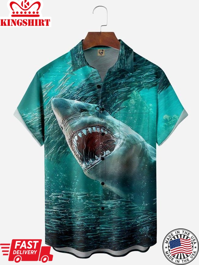 Ocean Shark Chest Pocket Short Sleeve Hawaiian Shirt