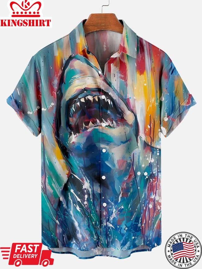 Oceanic Artistry: Hawaiian Shark Oil Painting Top