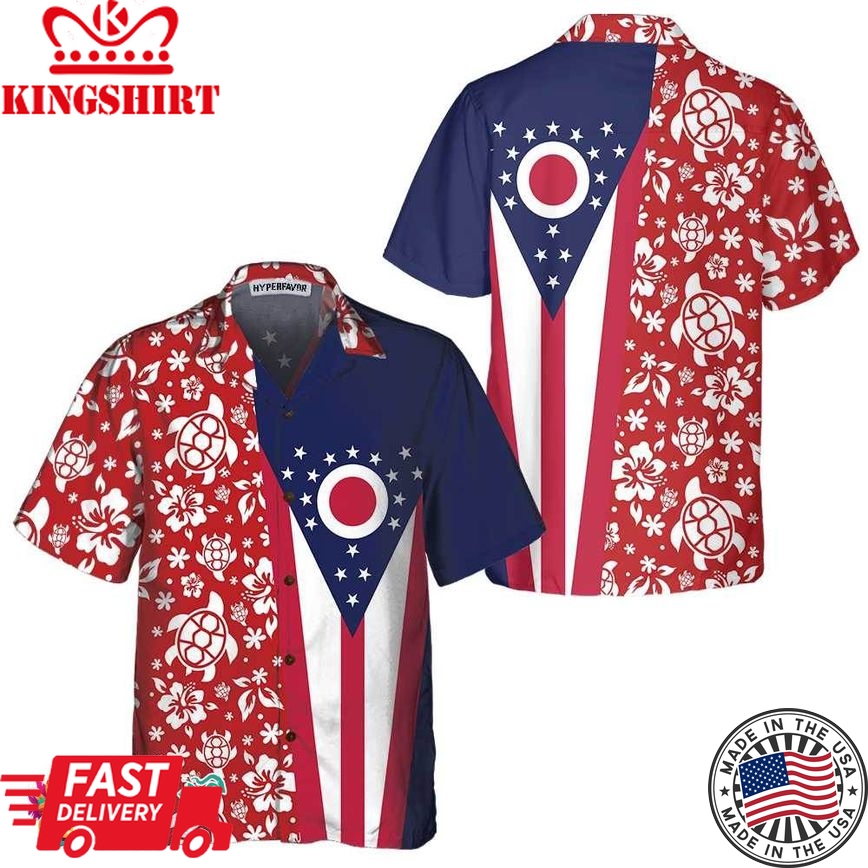 Ohio Flag And Hibiscus Pattern Ohio State Hawaiian Shirt, Ohio Flag Shirt For Men And Women, Proud Ohio Gift