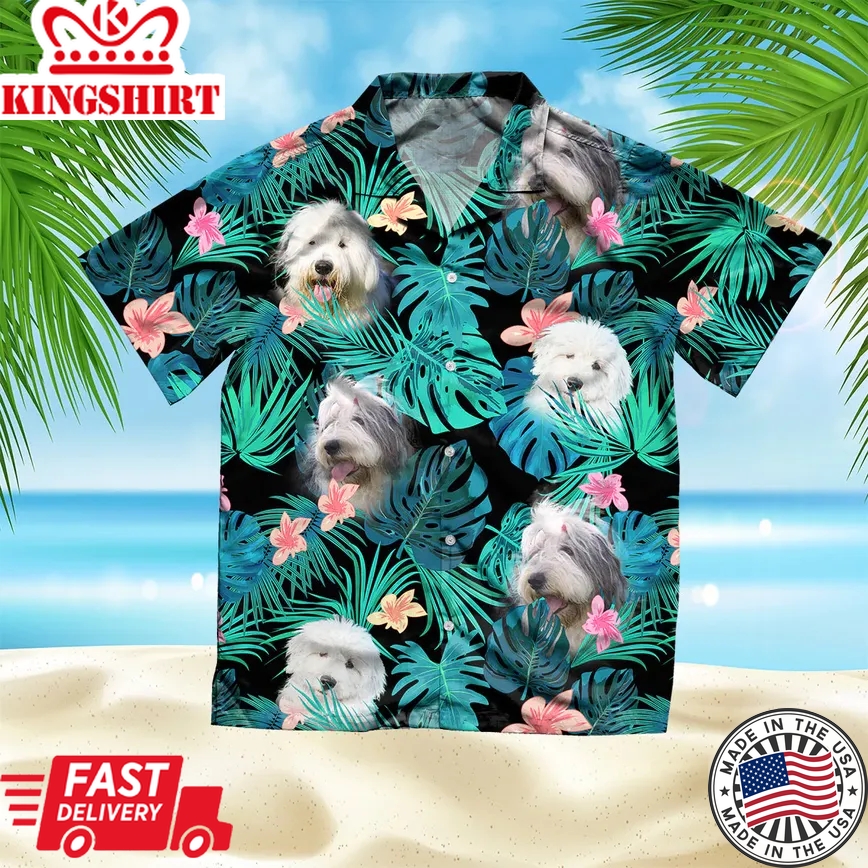 Old English Sheepdog Trendy Hawaiian Shirt, Dog Summer Leaves Trendy Hawaiian Shirt, Unisex Print Aloha Short Sleeve Casual Shirt Summer Gifts