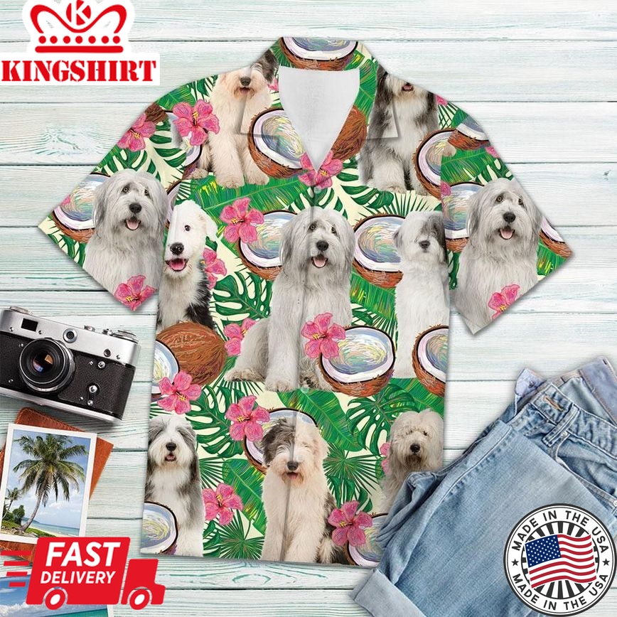 Old English Sheepdog Tropical Coconut Trendy Hawaiian Shirt, Short Sleeve Hawaiian Aloha Shirt