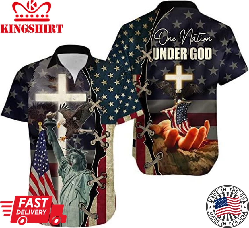 One Nation Under God American Eagle Shirts For Men- Patriotic Jesus Flag 1776 Button Up Short Sleeve Men's Hawaiian