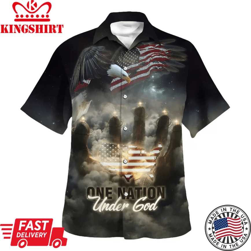 One Nation Under God American Flag With Jesus Cross Tee For Freedom Day Trendy Hawaiian Shirt - Christian Trendy Hawaiian Shirt - Religious Trendy Hawaiian Shirts