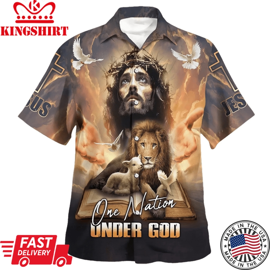 One Nation Under God Jesus Lion Cross Trendy Hawaiian Shirt - Christian Trendy Hawaiian Shirt - Religious Trendy Hawaiian Shirts