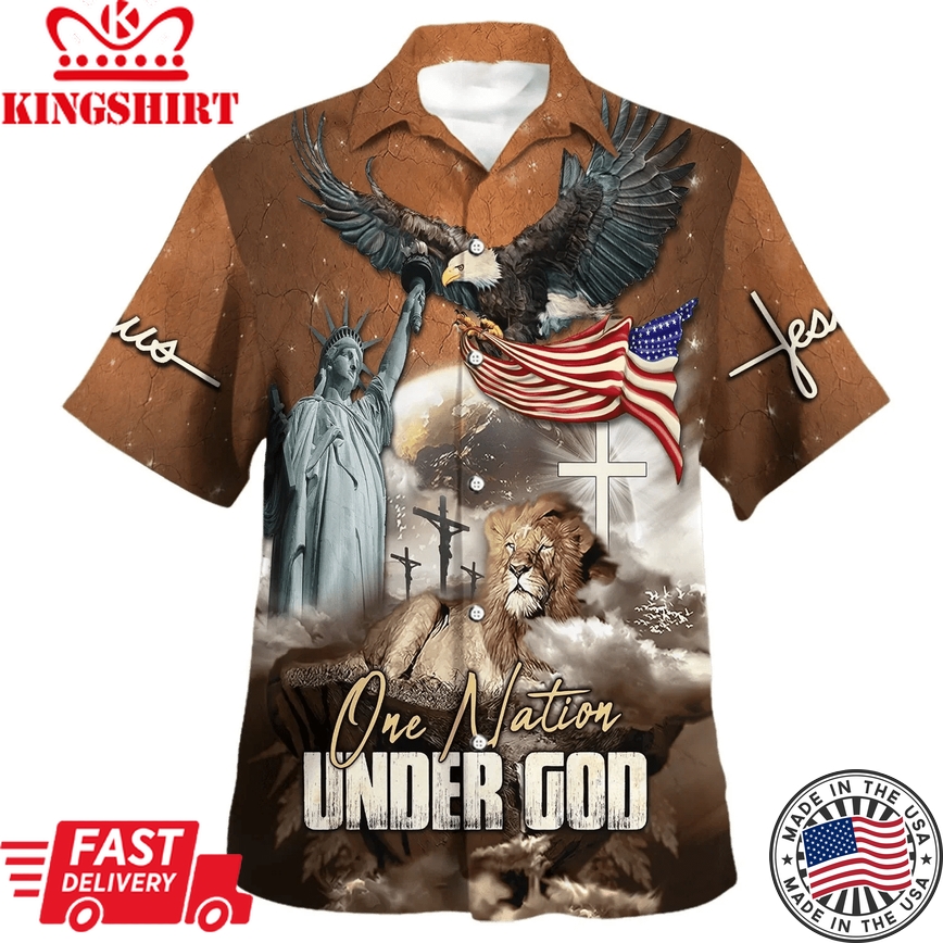 One Nation Under God Jesus Lion Trendy Hawaiian Shirt - Christian Trendy Hawaiian Shirt - Religious Trendy Hawaiian Shirts