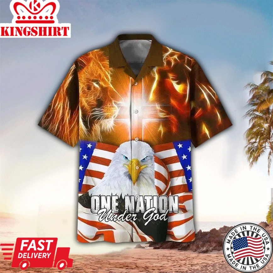 One Nation Under God Lion Eagle Jesus Trendy Hawaiian Shirt - Christian Trendy Hawaiian Shirts For Men & Women