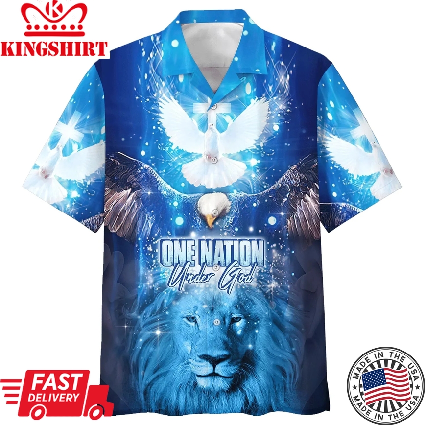 One Nation Under God Lion Trendy Hawaiian Shirt - Best Trendy Hawaiian Shirts - Christian Trendy Hawaiian Shirt