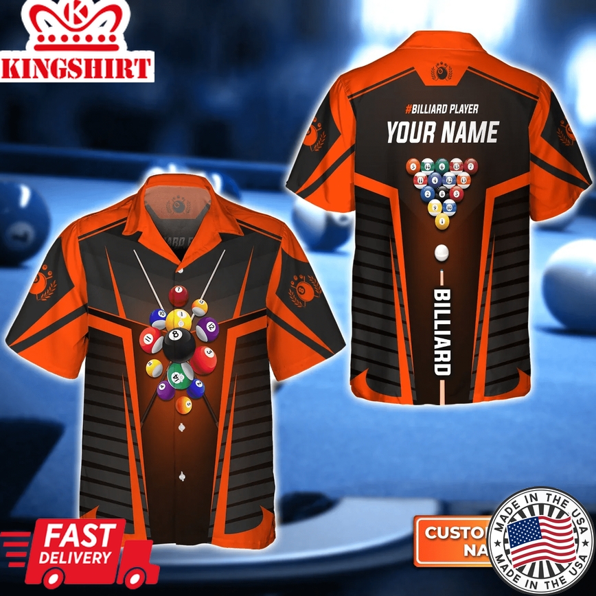 Orange Billiard Balls Personalized Name 3D Trendy Hawaiian Shirt, Billiard Team Shirt, Summer Shirt Gift For Billiard Lover