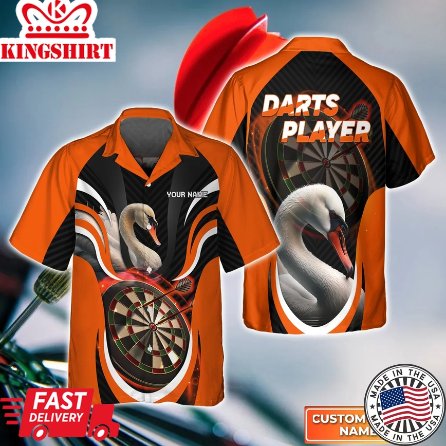 Orange Bullseye Dartboard Personalized Name 3D Swan And Darts Trendy Hawaiian Shirt For Dart Team Player