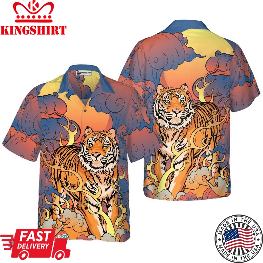 Oriental Powerful Tiger Hawaiian Shirt, Dawn Sun And Cloud Tiger Print Shirt For Men