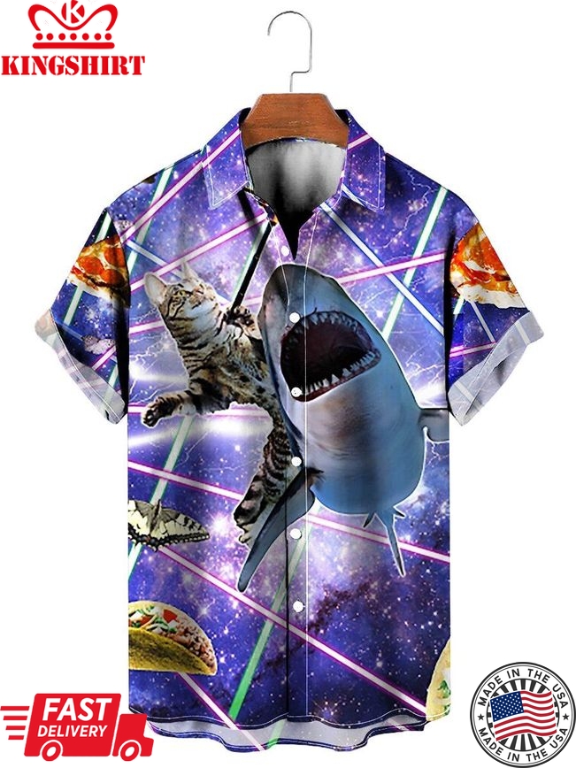 Outer Space Pizza Cat And Shark Print Short Sleeve Shirt