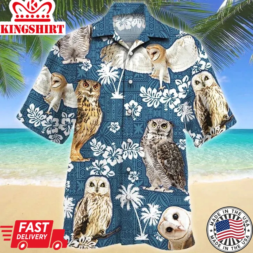 Owl Blue Tribal Pattern Trendy Hawaiian Shirt, Owl Trendy Hawaiian Shirts, Owl Aloha Shirt For Men, Hawaii Shirt Woman