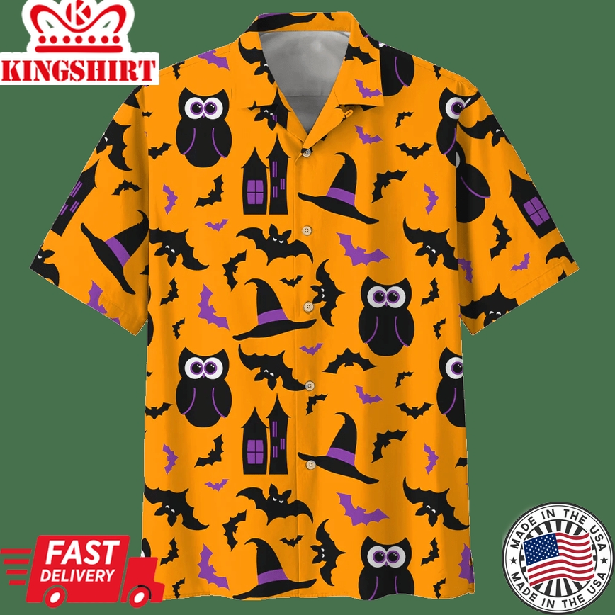 Owl Halloween Pattern Orange Trendy Hawaiian Shirt, Unisex Print Aloha Short Sleeve Casual Shirt