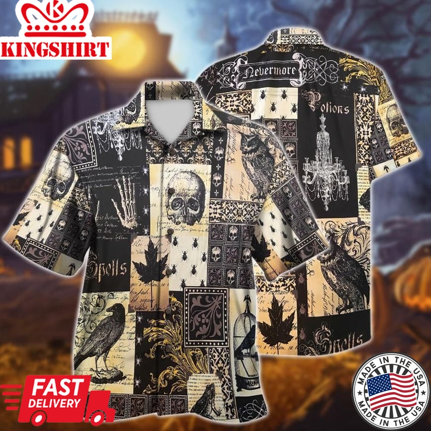 Owl Spooky Skull Gothic Halloween Trendy Hawaiian Shirt, Unisex Print Aloha Short Sleeve Casual Shirt