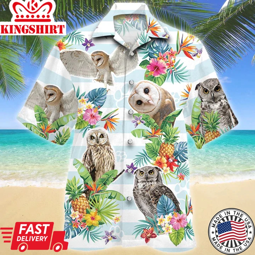 Owl Tropical Flower Trendy Hawaiian Shirt, Summer Men Trendy Hawaiian Shirts - Casual Button Down Short Sleeve Shirt