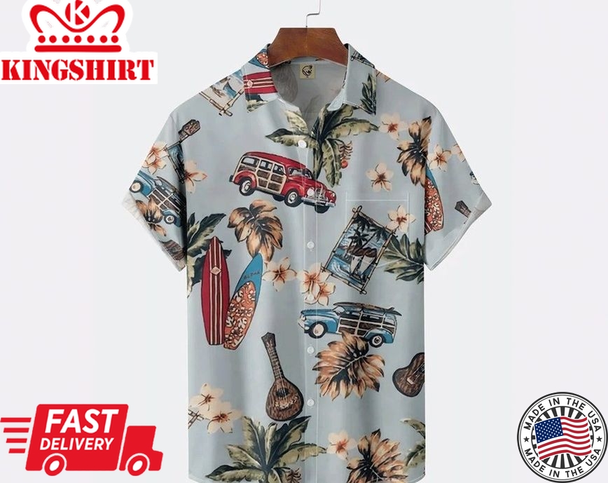 Palm Leaf Chest Pocket Short Sleeve Trendy Hawaiian Shirt, Short Sleeve Button Down, Gift For Family, Hawaiian Set Gift, Funny Trendy Hawaiian Shirt.