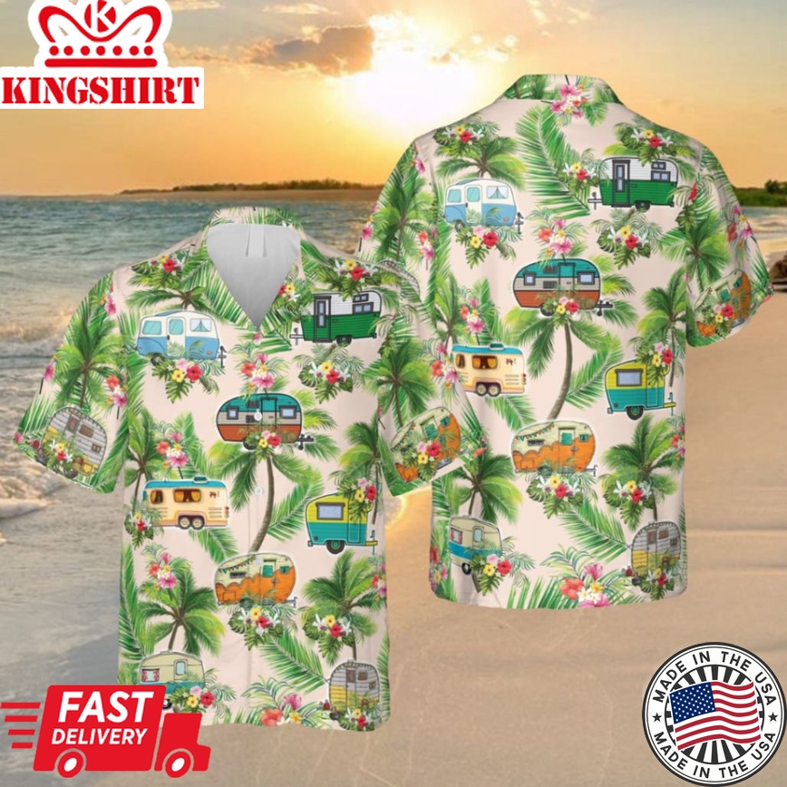 Palm Trees And Recreational Vehicles Trendy Hawaiian Shirt, Camping Outfitift