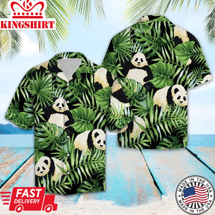 Panda Green Tropical Leaves Trendy Hawaiian Shirt, Panda Lover Trendy Hawaiian Shirt For