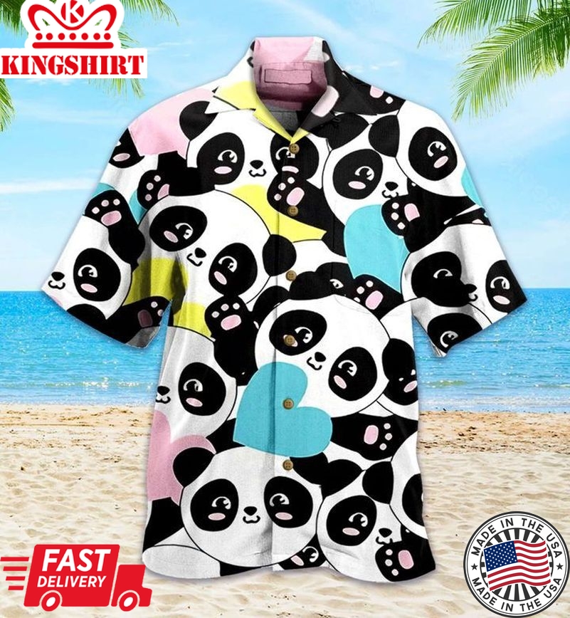 Panda Hearts Big Kids Colorful Trendy Hawaiian Shirt 3D, Panda Green Tropical Leaves Trendy Hawaiian Shirt, Panda Lover Trendy Hawaiian Shirt For