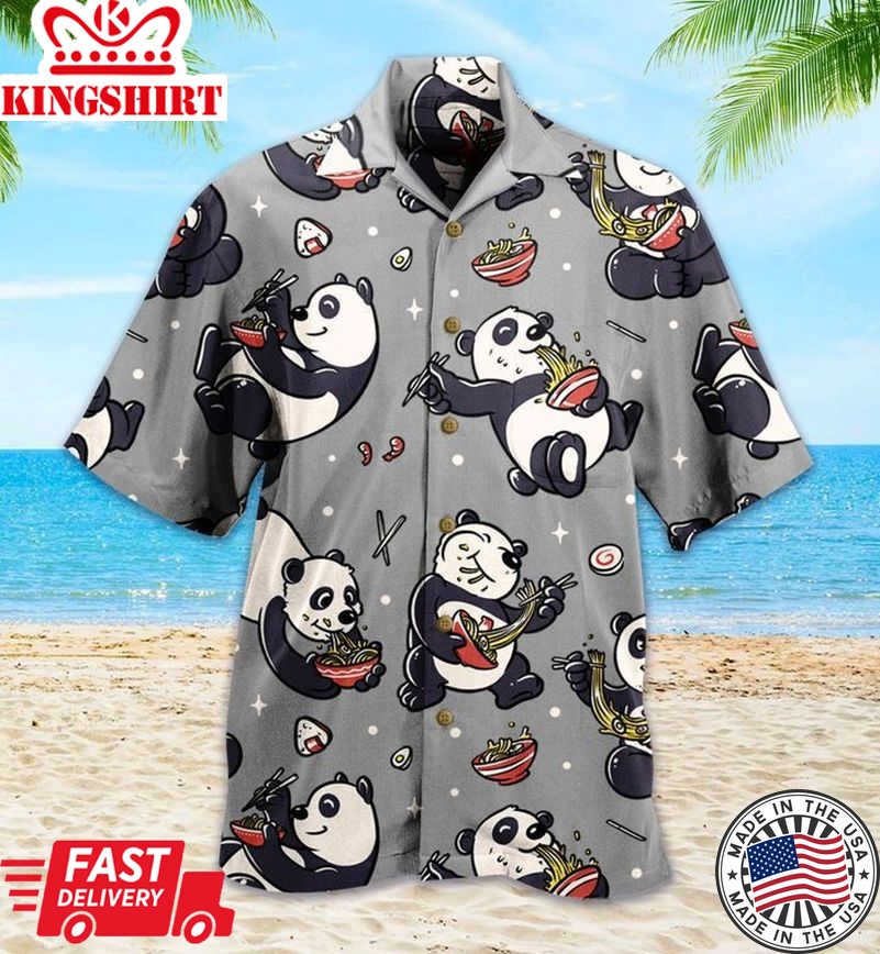 Panda Noodles Grey Cute Trendy Hawaiian Shirt 3D, Panda Green Tropical Leaves Trendy Hawaiian Shirt, Panda Lover Trendy Hawaiian Shirt For