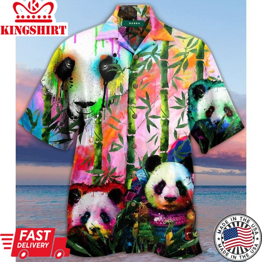 Panda Warrior Bamboo Paint Splash Watercolor Painting Colorful Trendy Hawaiian Shirt