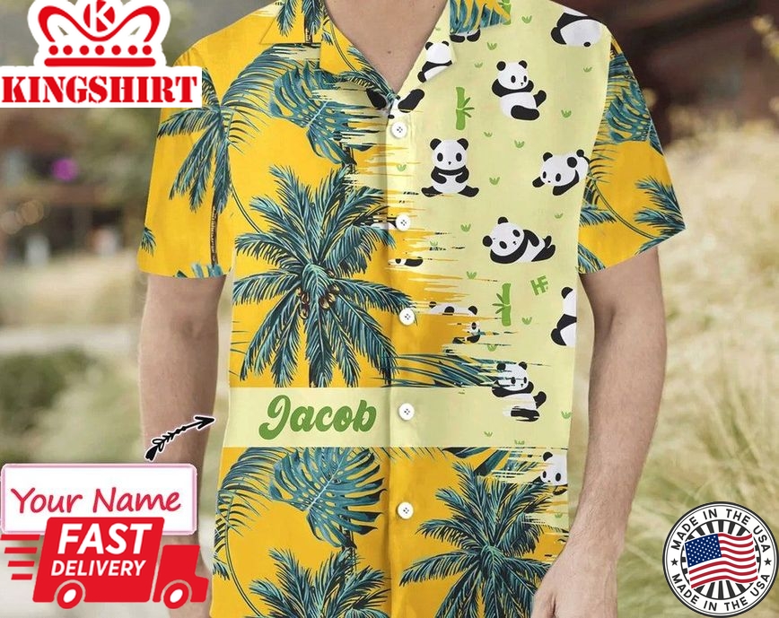 Panda Yellow Tropical Custom Trendy Hawaiian Shirt, Custom Trendy Hawaiian Shirt With Name, Shirt For Men Women Kid Summer Party, Shirt For Logo.